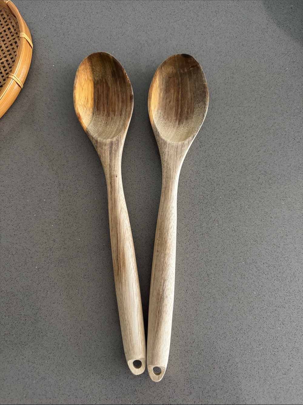 Pair of Wooden Serving Spoons - Natural Brown